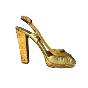 Vintage Prada Gold Leather Cork Platform Block Heel Sandals Size 39.5